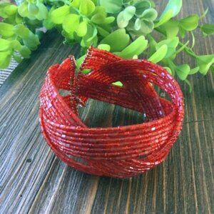 Twisted Flexible Seed Bead Braided Cuff Bracelet – Red